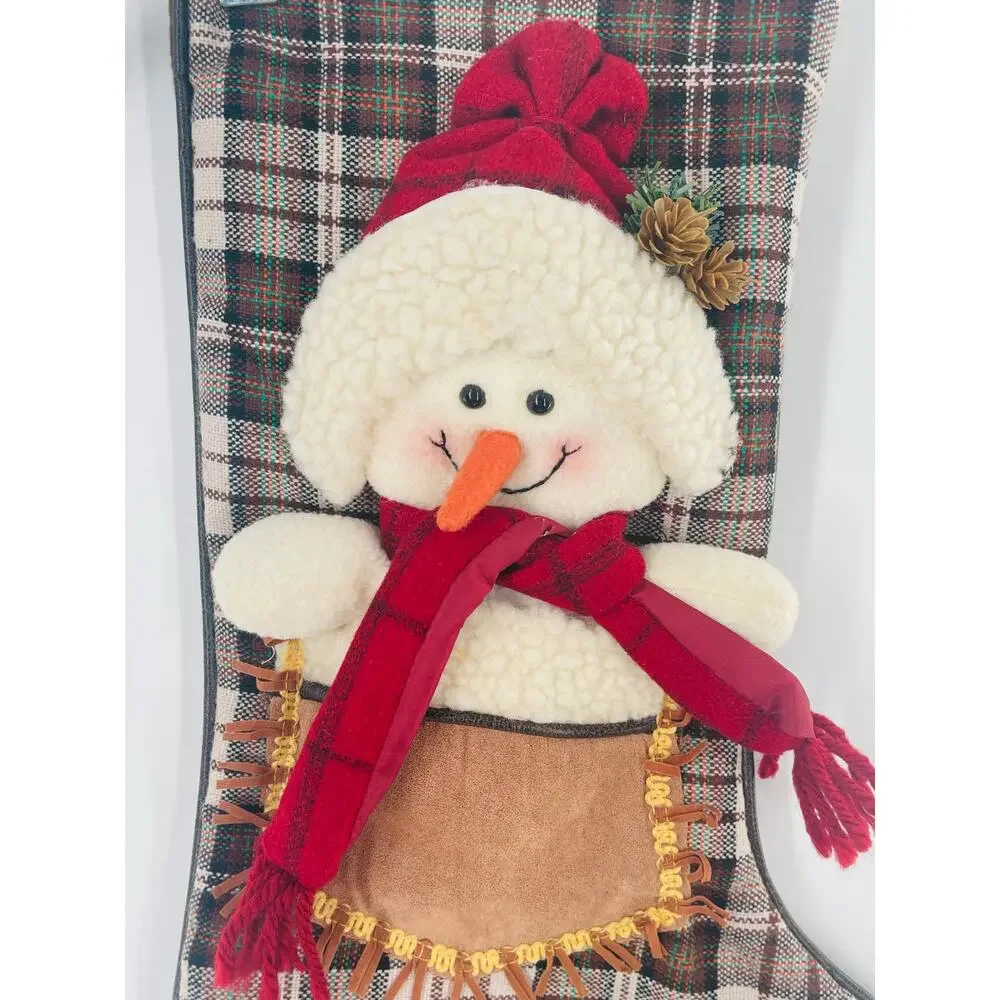Western Plaid Christmas Stocking 3D Snowman Lace Up Faux Leather Country Folk
